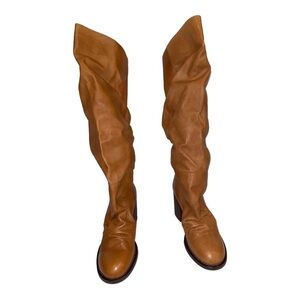Free People Elle Tall Tan‎ Leather Pull-On Slouchy Knee High Boot Women 6 NEW
